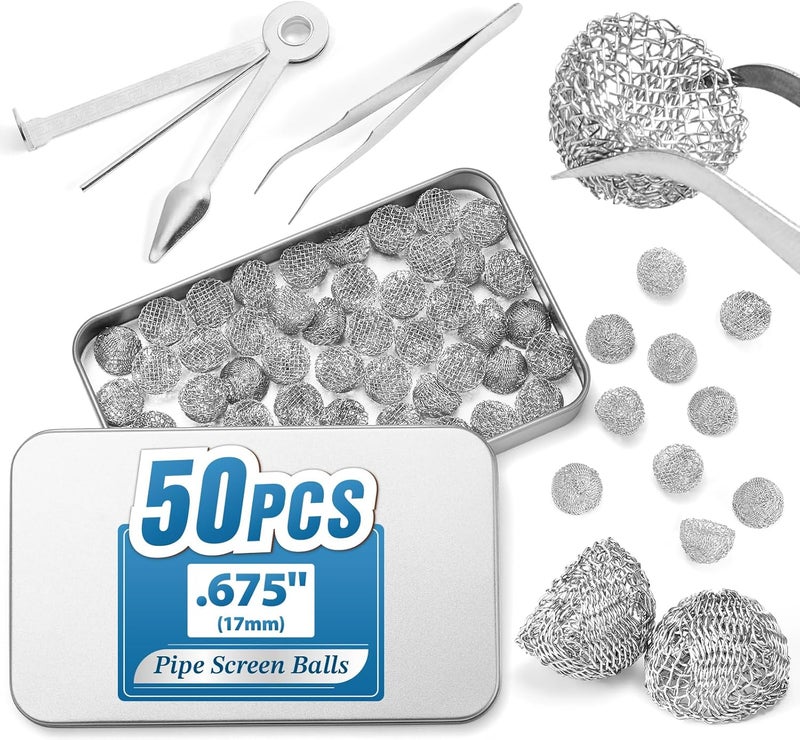 STANKER Pipe Screens Ball Filter 50pcs, Included 3-in-1 Cleaning Tool and Tweezer Accessory, 0.675 Inch 17mm Stainless Steel Bowl Mesh Balls with Metal Box - Image 1